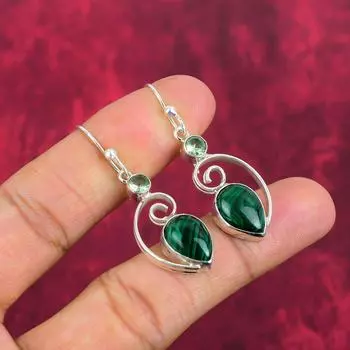 Малахит, зеленые аметистовые серьги с драгоценными камнями, серьги ручной работы из цельного серебра 925 пробы, ювелирные изделия последнего дизайна 1.97 Inches зелёный