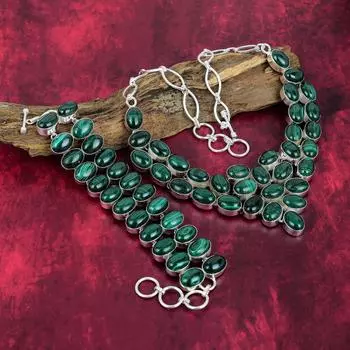 Малахитовое ожерелье, браслет из стерлингового серебра 925 пробы, подарок для женщин, ювелирные изделия ручной работы с драгоценными камнями, комплект украшений из браслета и ожерелья, подарок для нее Adjustable With 8 -18 зелёный