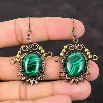 Малахитовые серьги, серьги из медной проволоки, серьги с драгоценными камнями, ювелирные изделия ручной работы, женские серьги, красивые медные украшения, стильные серьги, подарок для нее