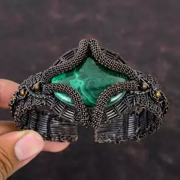 Малахитовый браслет-манжета, медная проволока, обернутые ювелирные изделия, регулируемый браслет, браслет-манжета ручной работы, подарок для мамы, браслет из драгоценного камня, медные украшения