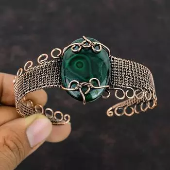 Малахитовый браслет-манжета, медная проволока, регулируемый браслет, ювелирные изделия ручной работы, браслет-манжета с драгоценным камнем, медная проволока, ювелирный подарок для нее