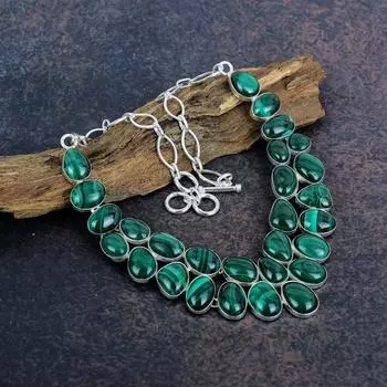 Малахитовый драгоценный камень.925 цельное ожерелье из стерлингового серебра для нее, ручная работа, новый дизайн ювелирных изделий, ожерелье для женщин Adjustable with 18 inches зелёный