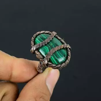 Малахитовый драгоценный камень Медная проволока, обернутая ювелирным кольцом ручной работы, подарок для нее 4 зелёный