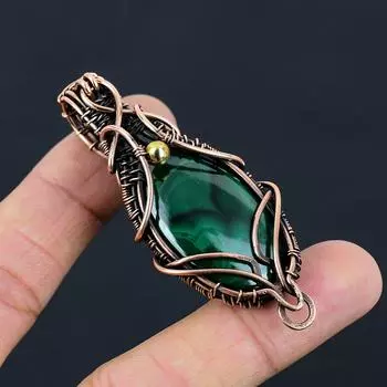 Малахитовый драгоценный камень Медная проволока Обертывание ручной работы Кулон Ювелирный подарок для нее 2.76 зелёный