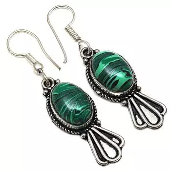 Малахитовый драгоценный камень ручной работы подарок для нее серебряные ювелирные серьги 1,5