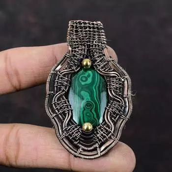 Малахитовый кулон, медная проволочная обертка, драгоценный камень, кулон, антикварное украшение ручной работы, изящный медный кулон, свадебный подарок, проволочная обертка