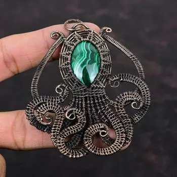 Малахитовый кулон, медная проволока, кулон, ювелирные изделия из осьминога, потрясающий кулон с драгоценными камнями, медные украшения ручной работы, стильный кулон, подарок для жены
