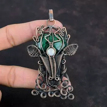 Малахитовый кулон Медная проволока Обернутый кулон Радужный кулон с лунным камнем Ювелирные изделия ручной работы Подвеска с лицом оленя Подвеска с драгоценным камнем Подарки для друга
