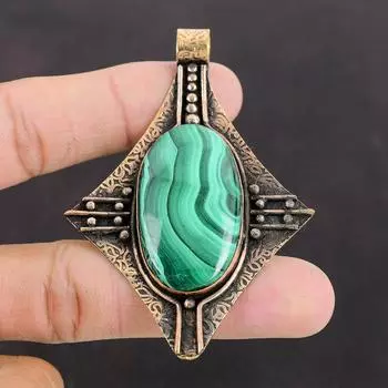 Малахитовый кулон, медный кулон, приличный кулон, малахитовые украшения, кулон ручной работы, дизайнерские медные украшения для подарка, кулон из натурального драгоценного камня