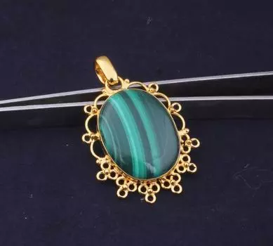 Малахитовый кулон с овальным камнем, винтажный малахитовый кулон, позолоченный кулон 22K, кулон с камнем, эффектный кулон