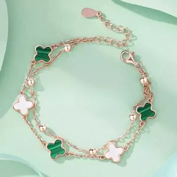 Малахитовый зеленый четырехлистный клеверный двухслойный браслет для девочек, модные индивидуальные украшения Silver&Green