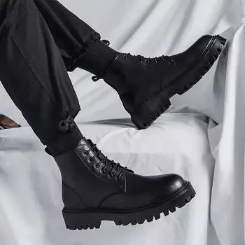 Male Casual Boots Thick Sole Lace Up Non Slip and Waterproof Men s Leather Shoes Platform Classic Original On Sale Cowhide Pu 39