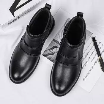 Male Casual Genuine Leather Boots Classic Monk Strap High Top Shoes Men Business Motorcycle Boots Men Winter Plush Snow Boots 38