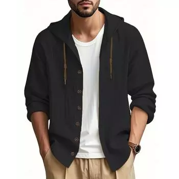 Male Cotton-Linen Hooded Sweatshirt Autumn Essential Lightweight Pullover Breathable Casual Shirt Men s Streetwear Top for Vacation Comfort S чёрный