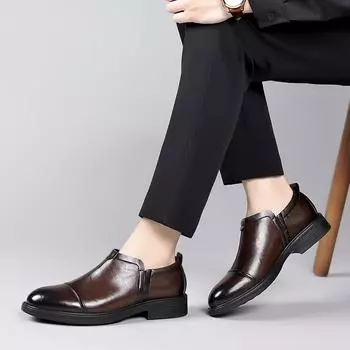 Male Genuine Leather Loafers Premium Luxury Mens Casual Shoes Business Slip on Men Thick Soled Round Toe Boots Zapatos De Hombre 38 чёрный