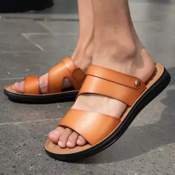 Male Leather Classic Men Slippers Beach Shoes Comfortable Walking Roman Sandals Outdoor Mens Slip on Shoes Male Luxury Sandals 39 чёрный