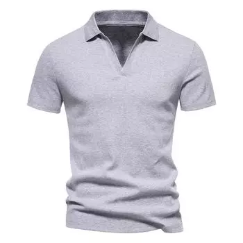 Male V-neck Short Sleeve T-Shirt Stretch Bottoming Shirt Pure Color European and American Retro Simplicity Silm Peter Pan Collar All-Matching T-shirt Grey M
