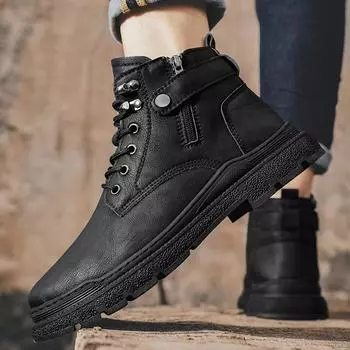 Мужские теплые плюшевые меховые зимние ботинки, классические кожаные мужские ботильоны, высокие нескользящие ботинки на шнуровке, мужские мотоциклетные ботинки в стиле панк 39