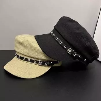 Маленькая британская ретро шляпа с плоским верхом, женская весенне-осенняя модная кепка с металлической пряжкой, ретро-шляпа газетчика M (56-58cm) Seven-button flat top hat чёрный