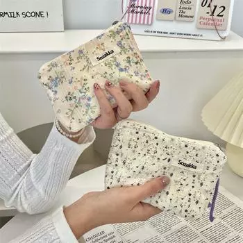 Маленькая цветочная косметичка: Портативный клатч для хранения косметики с застежкой-молнией для помады цветочный/оранжевый