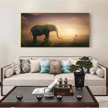 Маленькая девочка держит слона Картина маслом Настенный художественный плакат и эстамп Пустынный пейзаж Картина с животными Гостиная 21cm30cm NoFrame