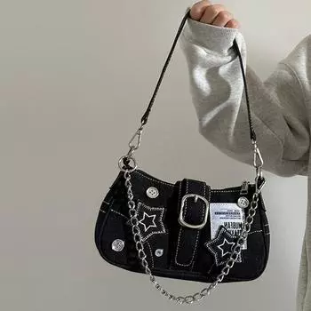 Маленькая дизайнерская трендовая джинсовая сумка под мышками, женская новая сумка через плечо, парусиновая модная сумка на цепочке 24x7x13cm чёрный