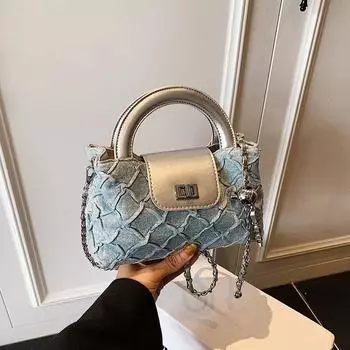 Маленькая джинсовая сумка с ромбами, женская новая модная портативная маленькая квадратная сумка, летняя простая сумка-мессенджер на цепочке серебряный