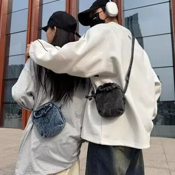 Маленькая джинсовая сумка женская сумка для мобильного телефона однотонная сумка через плечо мужская сумка для монет чёрный