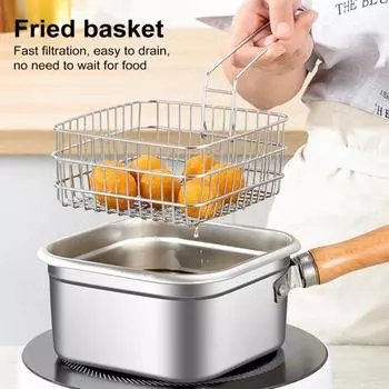Маленькая фритюрница, пароварка, кухонная утварь, кухонный инструмент, деревянная ручка, переносная сковорода из нержавеющей стали для овощей, походов, пикников A