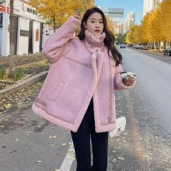 Маленькая хлопковая куртка, меховая куртка из ягненка, мотоциклетная куртка в корейском стиле, верхняя мода S