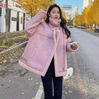 Маленькая хлопковая куртка, меховая куртка из ягненка, мотоциклетная куртка в корейском стиле, верхняя мода S