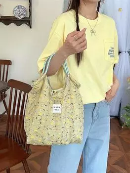 Маленькая холщовая сумка через плечо с цветочным принтом, свежая тонкая сумка-тоут для весны и лета, вместительная пляжная сумка для отдыха