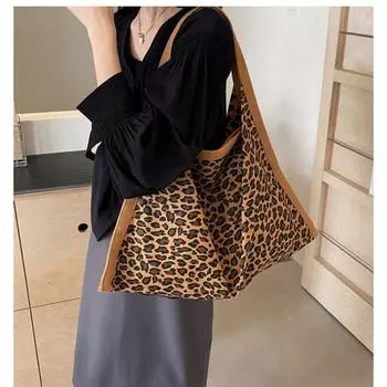 Маленькая холщовая сумка с леопардовым принтом в европейском и американском стиле, модная и универсальная, ручная сумка через плечо большой емкости, подмышка в ленивом стиле
