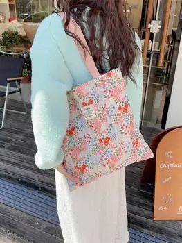 Маленькая холщовая сумка с вышивкой и сломанным цветком, большая вместимость, открытая сумка через плечо, женская сумка для покупок, портативная сумка-тоут