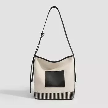 Маленькая холщовая сумка-ведро большой вместимости с широким плечевым ремнем, модная универсальная полосатая сумка через плечо белый