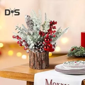 Маленькая искусственная рождественская елка с украшениями из сосновых шишек и ягод для дома, комнаты, зимы, дома, улицы, новогодней вечеринки, реквизит для фотосъемки красный