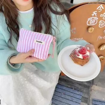 Маленькая косметичка, мини-холщовая полосатая сумка-органайзер для женщин, косметичка для губной помады, детский милый кошелек, кейс для монет розовый