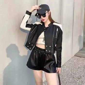 Маленькая кожаная куртка для женщин весна и осень новый модный дизайн индивидуальный контрастный цвет мотоциклетная короткая куртка M