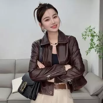 Маленькая кожаная куртка с длинными рукавами на молнии для женщин, весна и осень, новый стиль, модная мотоциклетная куртка, свободный верх куртки M