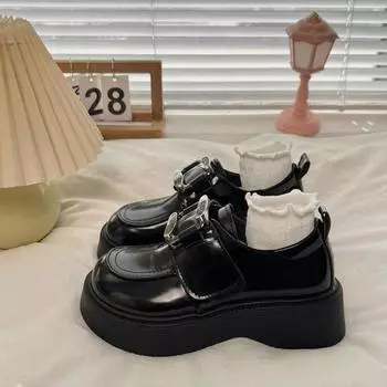 Маленькая кожаная обувь, лоферы на губчатой подошве, женская обувь на толстой подошве, открытые ступни, маленькие модные одиночные туфли 35 чёрный