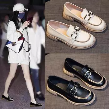 Маленькая кожаная обувь. Новые весенние женские туфли на плоской подошве в британском стиле на толстом каблуке и пряжке. Лоферы без шнуровки. 35