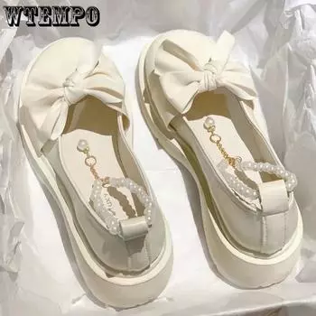 Маленькая кожаная обувь Sweet Girl Jk, женская обувь, летние японские кожаные туфли на толстой подошве с мягкой подошвой и жемчужным бантом 35 чёрный