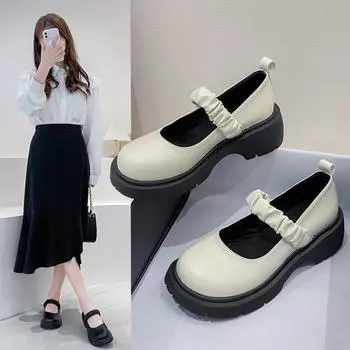 Маленькая кожаная обувь Женская мода Ретро Британский стиль Платформа Обувь для ходьбы Открытый повседневный обувь 35 чёрный