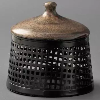 Маленькая круглая металлическая шкатулка с деревянной крышкой, Железо, Wooden Small Brass Box, John Molly Decor&Gifts