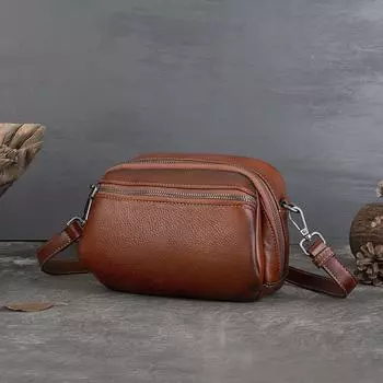 Маленькая круглая сумка, расписанная вручную, сумка через плечо, мягкая кожа, большая вместимость, верхний слой из коровьей кожи, мини-сумка для женщин коричневый