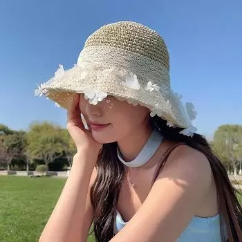Маленькая кружевная шляпа с цветочным узором для пасторальной тематики, женская летняя шляпа для отдыха на пляже и на море, полая дышащая соломенная шляпа M56-58cm бежевый