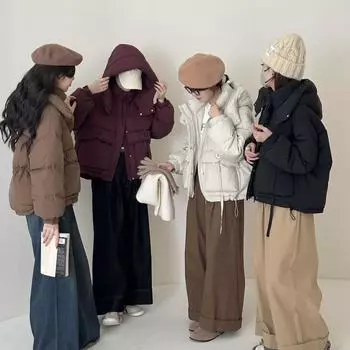 Маленькая куртка с капюшоном, женская, зимняя, 2024 года, с милым дизайном, с круглыми пуговицами, теплая, белая, с утиным пухом, одежда для хлеба S слоновая кость