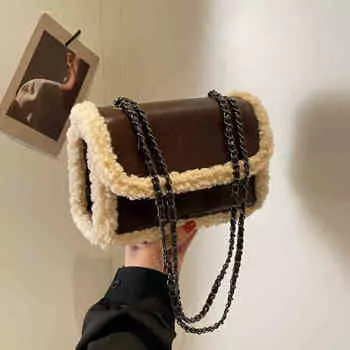 Маленькая квадратная сумка из овечьей шерсти для женщин в стиле ретро-пэчворк, универсальные сумки через плечо для поездок на работу, осень-зима, повседневная сумка через плечо (20cm<Max Length<30cm)