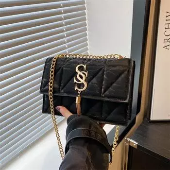 Маленькая квадратная сумка, модная сумка-мессенджер, новая сумка 2024 года, ретро, женская, летняя, простая, нишевая, повседневная, цепная сумка через плечо чёрный