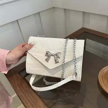 Маленькая квадратная сумка с бантом, модная сумка через плечо из искусственной кожи, текстурированная женская сумка с цепочкой, маленькая свежая универсальная сумка-мессенджер серый